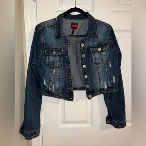 Highway Jeans Brand cropped denim distressed jacket. Size Large.